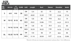 Detailed size guide table for elegant short sleeve evening maxi dress in various regions