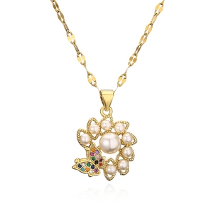 Gold geometric flower and butterfly pendant necklace with pearls and colorful zircon