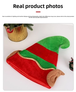 Close-up of soft elf Christmas hat with green and red velvet, bells and ears