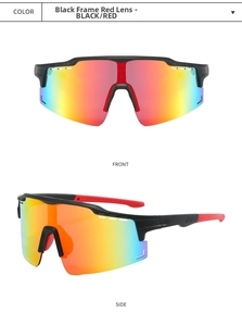 Close-up of polarized cycling glasses with red iridescent lenses and black-red frame