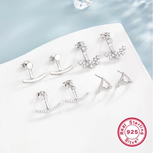 925 Sterling Silver Stud Earrings For Women With White Zircon Inlay Minimalist Geometric Arc V Shape French Style Jewelry