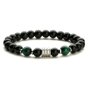 Mens stainless steel bracelet with black onyx and green malachite tiger eye beads