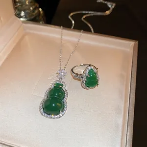 Gourd-shaped zircon necklace and adjustable ring set in a premium jewelry gift box