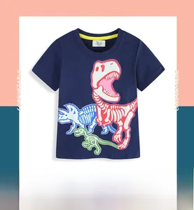 Close-up of boys dark blue cotton t-shirt with glow-in-the-dark dinosaur skeleton print
