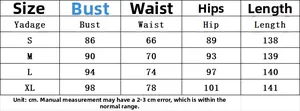 Tabella taglie dettagliata per abito in pizzo con misure di busto, vita, fianchi e lunghezza