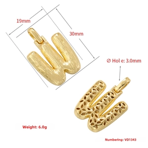 Minimalist 18K gold plated letter W pendant with measurements and brushed finish detail