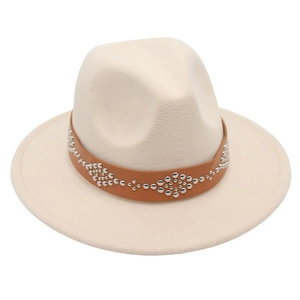 Detailed view of beige wool fedora hat featuring a brown leather studded band decoration