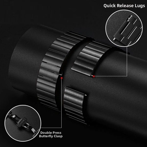 Detail of black stainless steel watch band with quick release pins and butterfly clasp