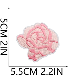 Detailed size view of pink rose embroidered patch measuring 5cm x 5.5cm for clothing