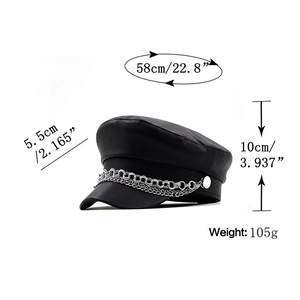 Detail view of black beret cap with silver chain decoration and size measurements