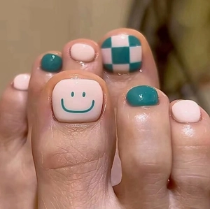Wearable Toe Press On Nails ABS Glossy Checkered Smiley Face Tropical Pedicure Summer Beach Holiday DIY Accessories For Women