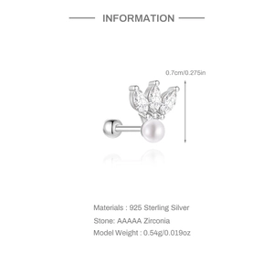 Detailed view of S925 sterling silver crown stud earring with zircon and pearl accents