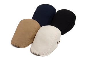 Flat cap collection featuring embroidered letters and adjustable metal buckles in four colors