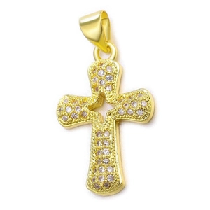 Macro view of gold-plated cross pendant with clear cubic zirconia and abalone shell