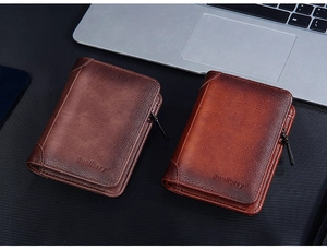 Vertikale Ansicht von Vintage RFID Herrenbrieftaschen in Braun und Kaffee mit Reißverschluss