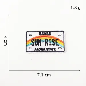 Detail showing Hawaii sunrise license plate embroidery patch with 7.1x4cm size specs