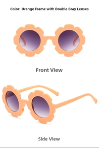 Detailed front and side views of orange flower-shaped kids sunglasses with gradient lenses