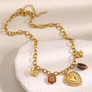 18K gold plated chunky chain necklace with heart, butterfly and floral charms