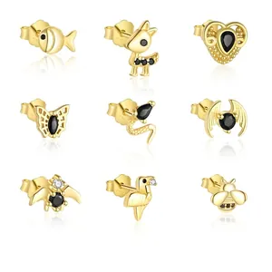 Elegant S925 sterling silver animal stud earrings with black zircon stones in gold finish