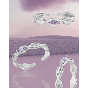 S925 sterling silver open ring with marquise-cut purple zircon in geometric rhombus design
