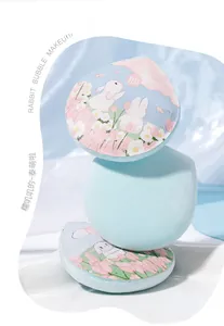 Detailed view of teardrop makeup puffs with soft flocking texture and cute rabbit designs