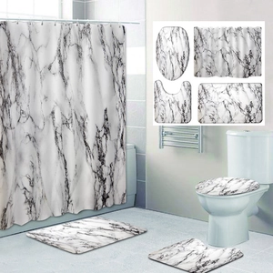 4-Piece bathroom set with 3D marble print shower curtain and matching floor mats