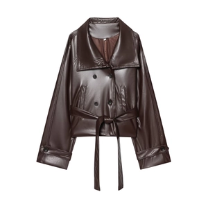 Short double-breasted faux leather trench coat in dark brown with waist belt for women