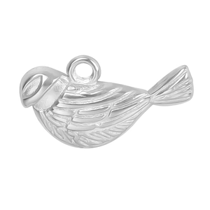 Detailed close-up of bird-shaped silver stainless steel pendant with etched feather textures