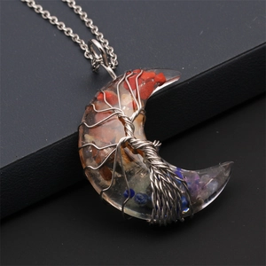 Moon shaped tree of life pendant necklace with colorful natural gemstones and silver wire