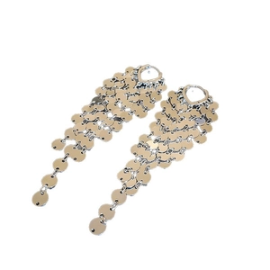Vintage silver tassel earrings with zircon accents and cascading metal discs on white background