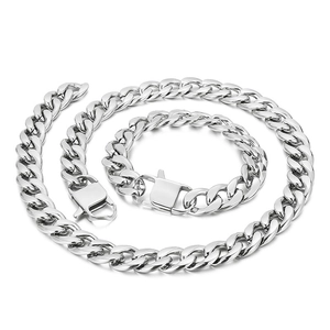 Polished silver cuban link chain necklace and bracelet set in stainless steel for men