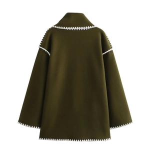 Dark green wool coat with white scalloped trim detail, elegant loose fit jacket back view