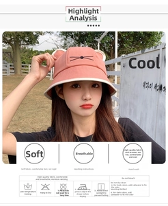 Pink cotton bucket hat detailing breathable soft fabric and cute 3D cat ear embroidery