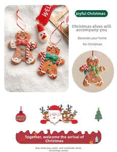 Detailed view of gingerbread man Christmas ornaments with red bow ties and felt sugar texture