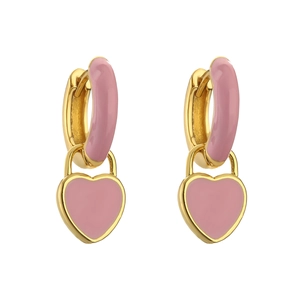 Pink heart-shaped enamel drop earrings with gold-plated metal hoops for women