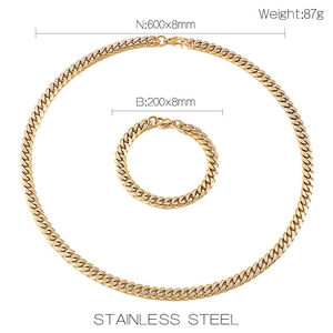 Detail of stainless steel Cuban link necklace and bracelet set with dimensions and weight
