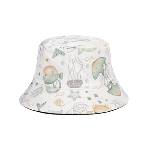 Cute white bucket hat with cartoon marine life print featuring fish and starfish patterns
