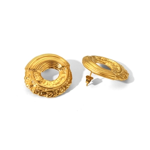 18K gold plated stainless steel hollow round earrings with unique rock texture finish
