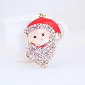 Cute cartoon Santa Claus keychain with sparkling rhinestones and red enamel gold finish