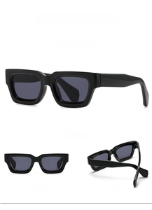 Detailed views of vintage black square sunglasses with thick frames and dark lenses