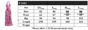 Detailed size chart for floral halter maxi dress with measurements in centimeters