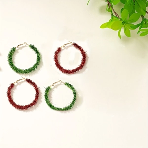Festive red and green tinsel large hoop earrings with gold hooks for Christmas decor