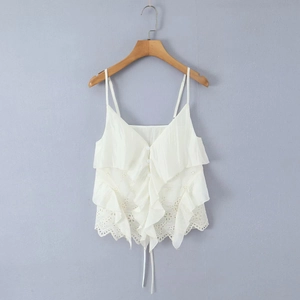 White ruffle camisole with pleated design and hollow lace hem for women's casual wear