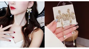 Detail view of gold bow-knot pearl tassel earrings with S925 silver needle and rhinestones