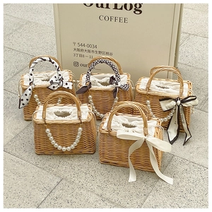 Women Straw Woven Handbag With Artificial Pearl Chain Handle And Satin Scarf Bow Vintage Summer Beach Vacation Bag