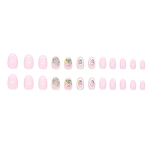 Pink press on nails with hand-painted flower designs including daisies and tulips