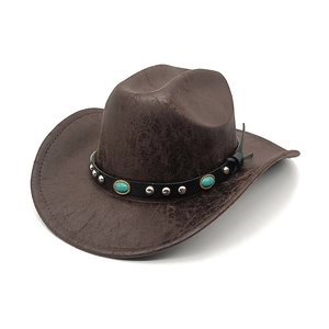 Retro Western Cowboy Hat With Crackle Texture Turquoise Rivets Faux Leather Wide Brim Jazz Fedora For Men Women