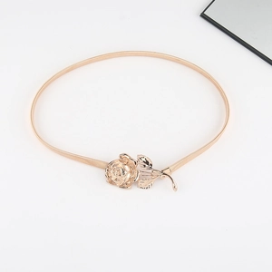 Elegant gold elastic spring belt featuring a 3D rose buckle on a clean white background