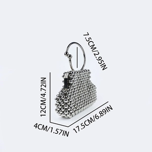 Detailed size specifications for silver beaded clutch with dimensions and handle height