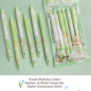 Detail view of 6-pack matcha green retractable gel pens with cute anime illustration